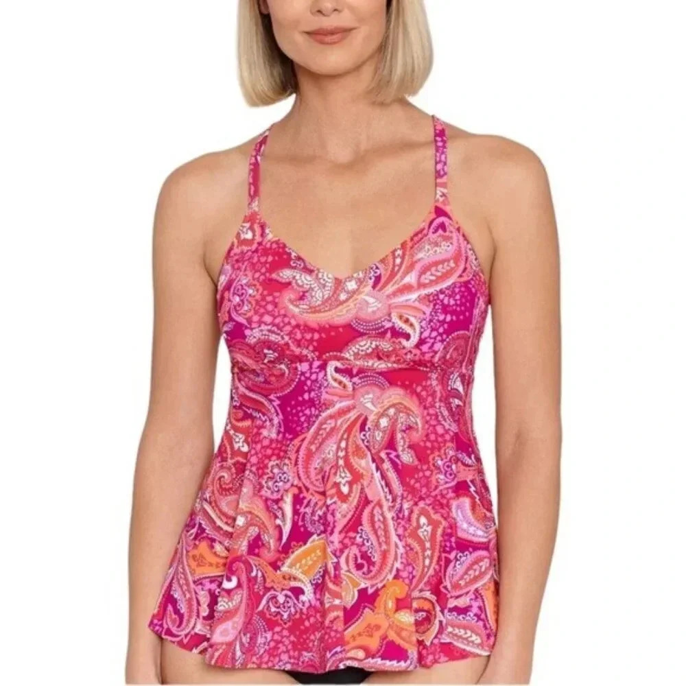 Swim Solutions Underwire V Neck Paisley Tankini Swim Top Pink Size 10 NWT